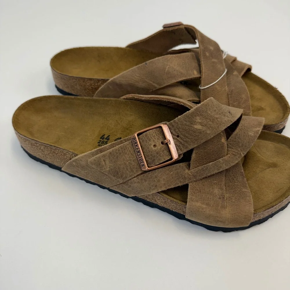 Birkenstock Lugano Oiled Leather Sandals Tobacco Brown Mens 44 M11 1017466 NWT